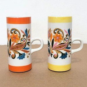 Vintage Arnart Psychodelic Smug Mugs Cups SET OF 2 Floral Paisley Print 1970's